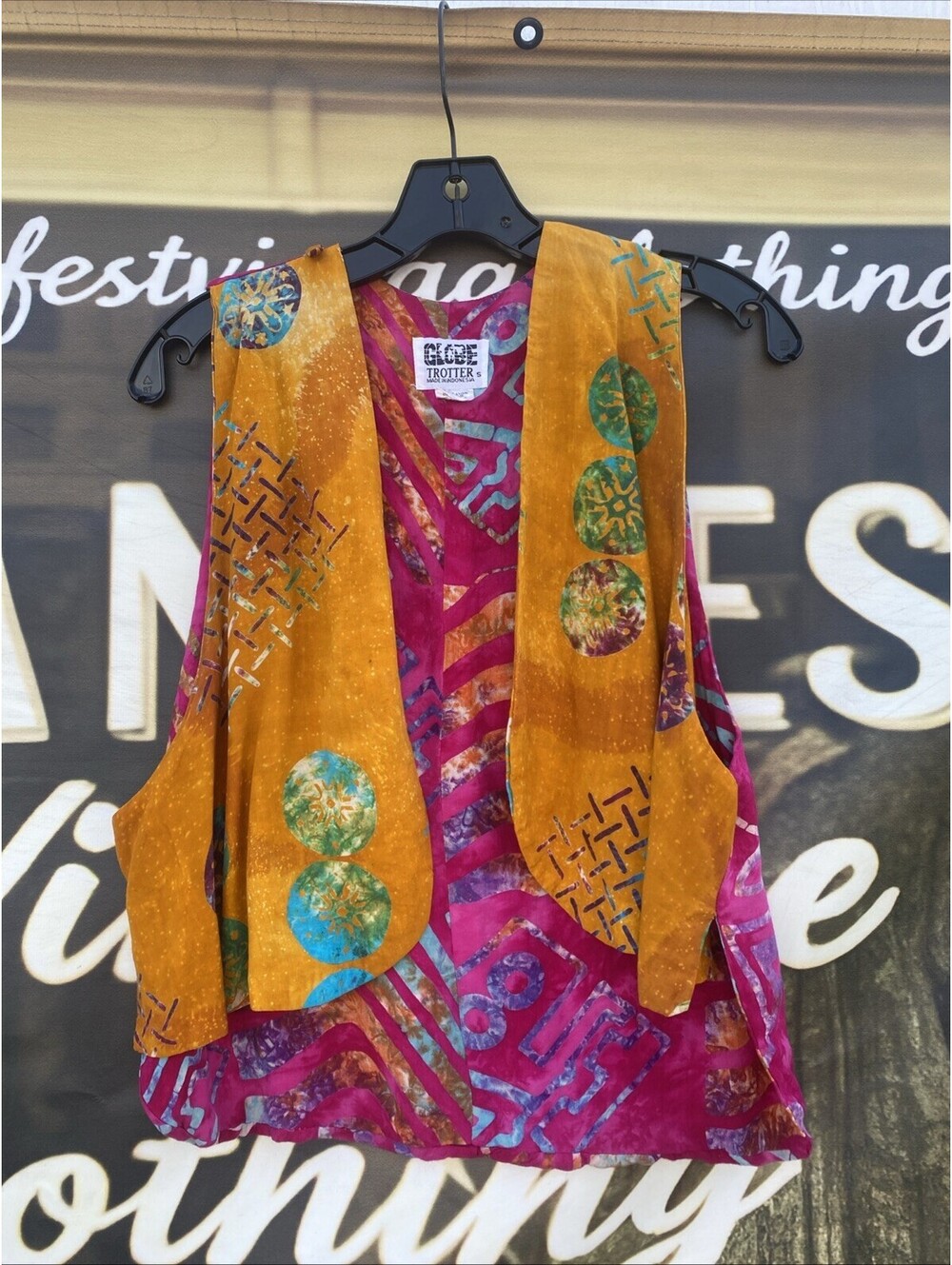 Vibrant Vintage Indonesian Globe Trotter Batik Colorful Tie Dye Open Vest Small